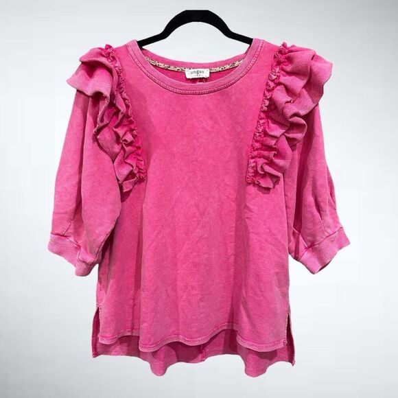 Umgee Mineral Washed French Terry Top in Hot Pink - Picture 1 of 7